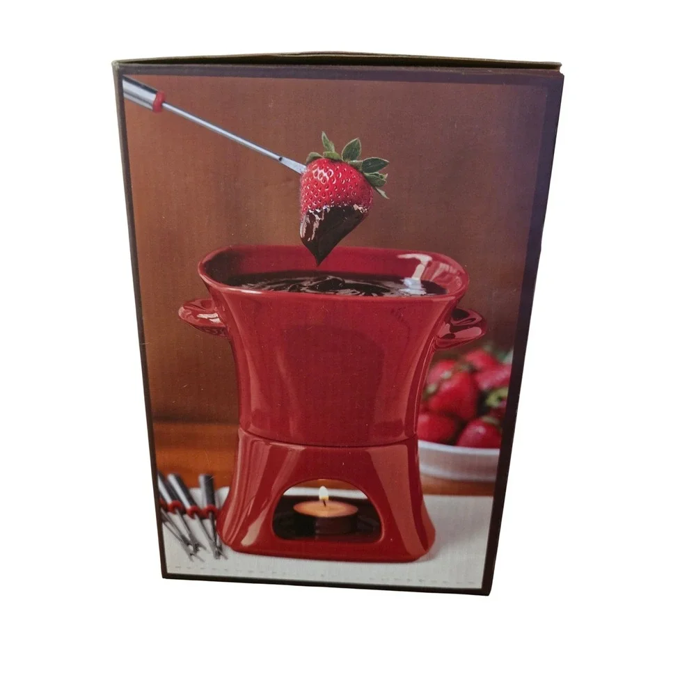 Williams Sonoma Red Stoneware Fondue Set Pot‎ 6 Forks Tealight 1388842 2009